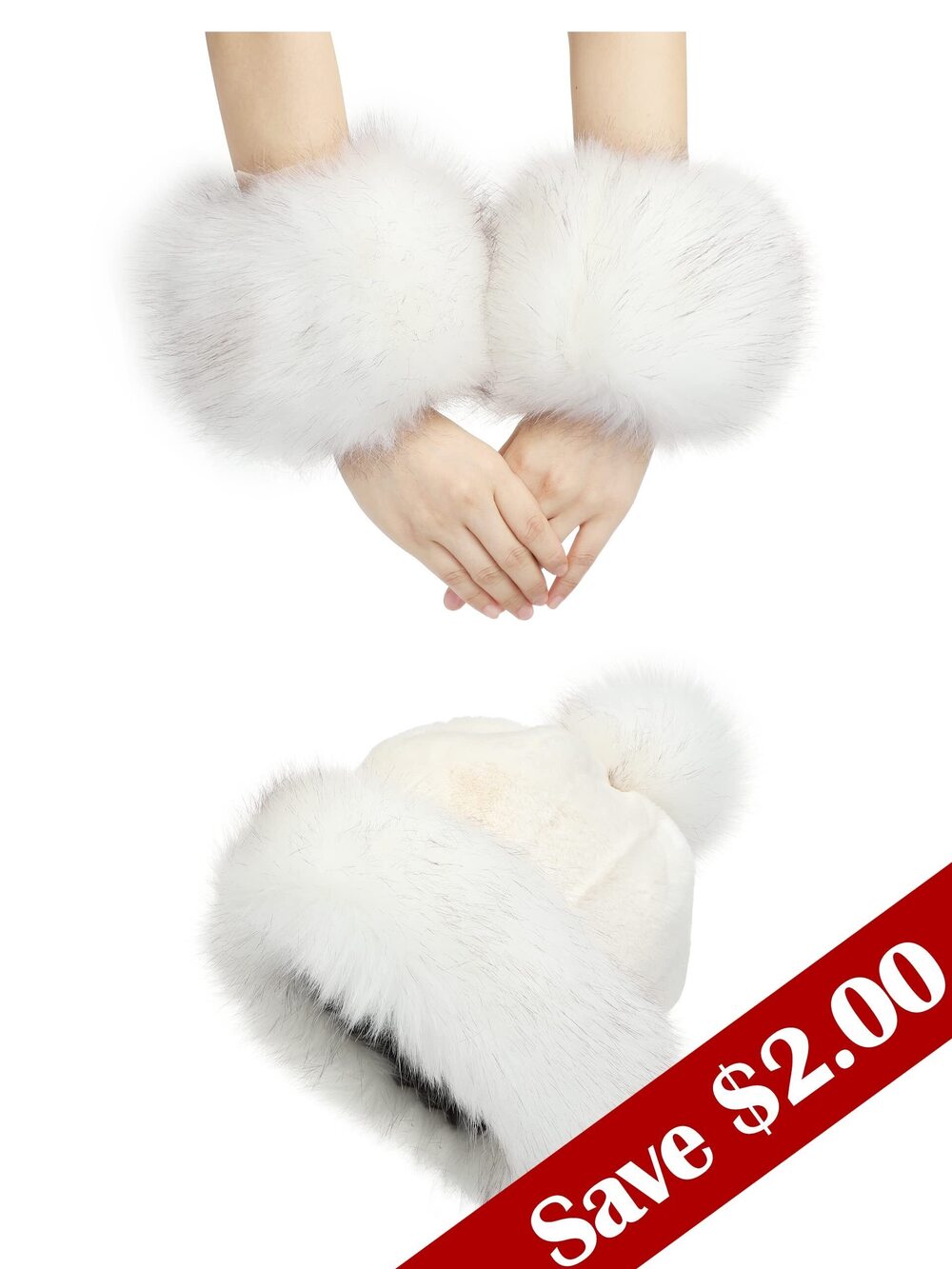 6870 Faux Fur Wrist Cuffs & Pompom Cap White Winter Warm 2pc Set